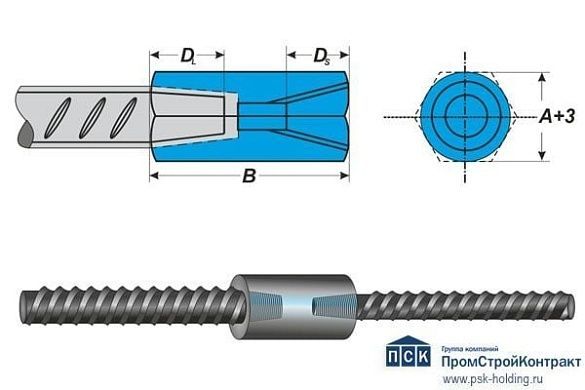 Муфты для арматуры разного диаметра с конической резьбой